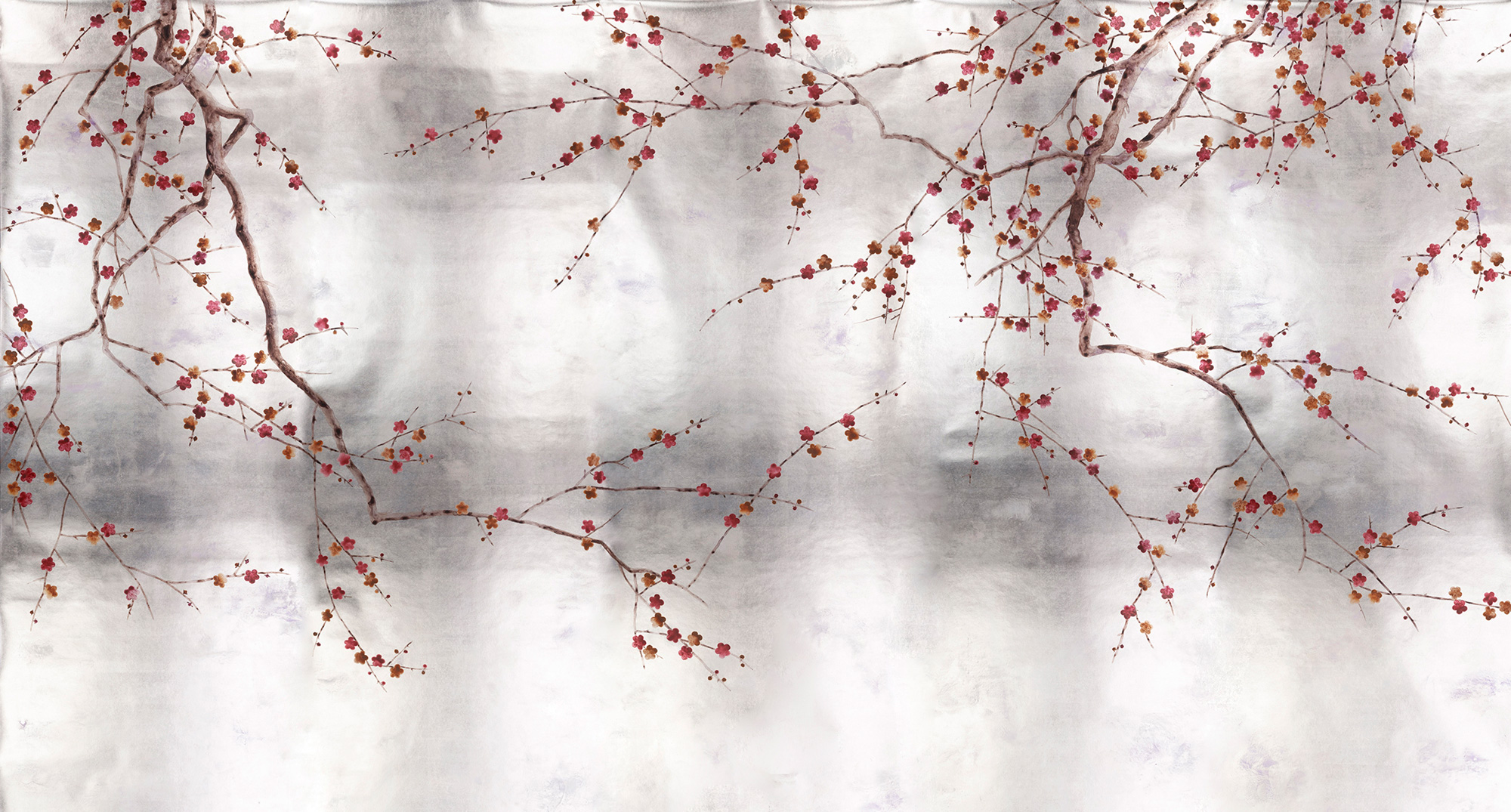 Обои ручная роспись Plum Blossom Original colourway on Tarnished Silver gilded paper with pearlescent antiquing Обои ручная роспись Plum Blossom Original colourway on Tarnished Silver gilded paper with pearlescent antiquing - постер Loft-Concept в Перми