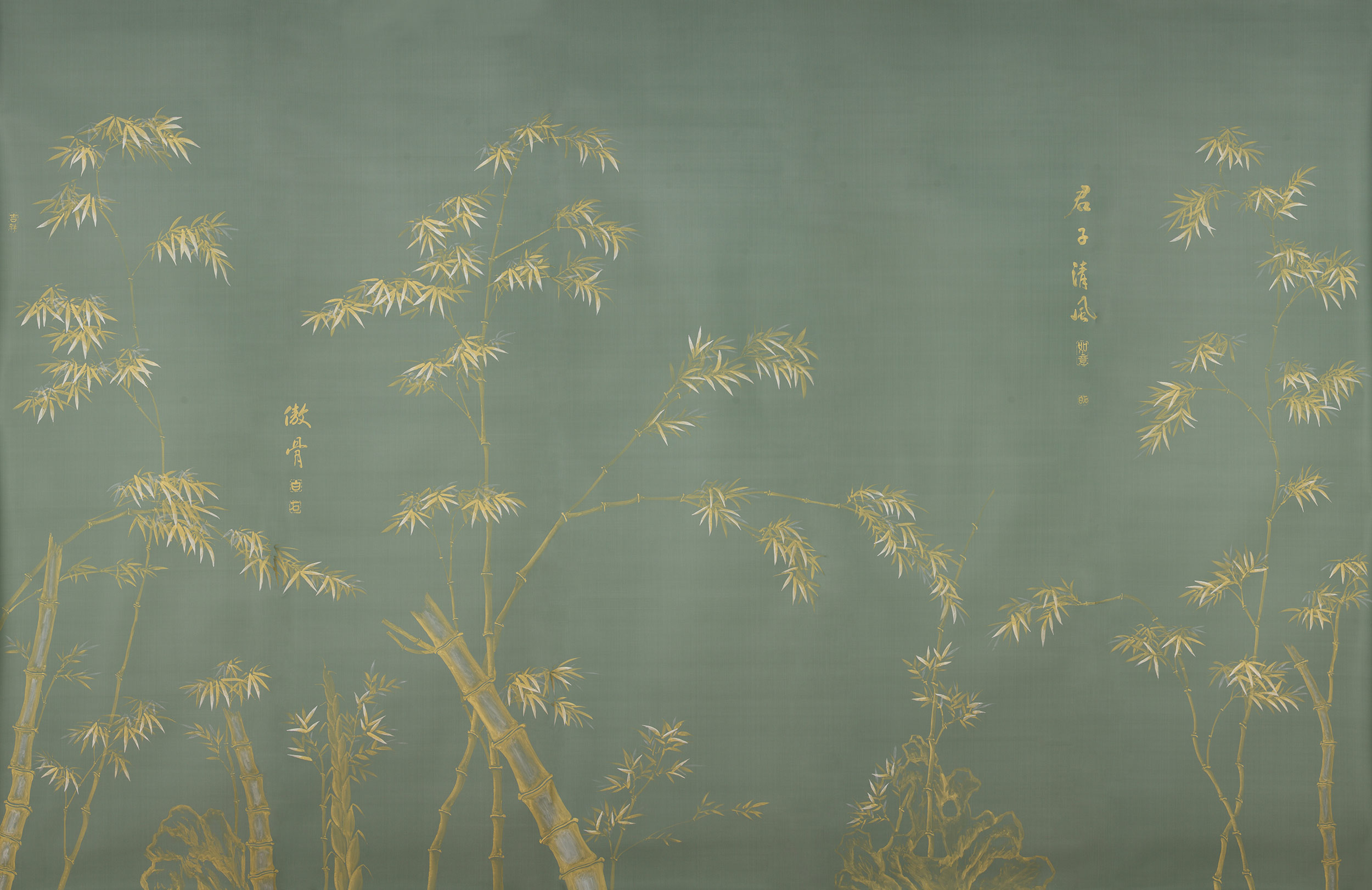 Обои ручная роспись Bamboo Golden on Blue grey dyed silk Обои ручная роспись Bamboo Golden on Blue grey dyed silk - постер Loft-Concept в Перми