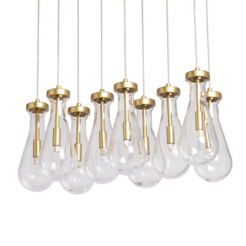 Люстра с 9-ю прозрачными стеклянными плафонами в форме капли Lucid Rain  Золотой Прозрачный в Перми | Loft Concept 
