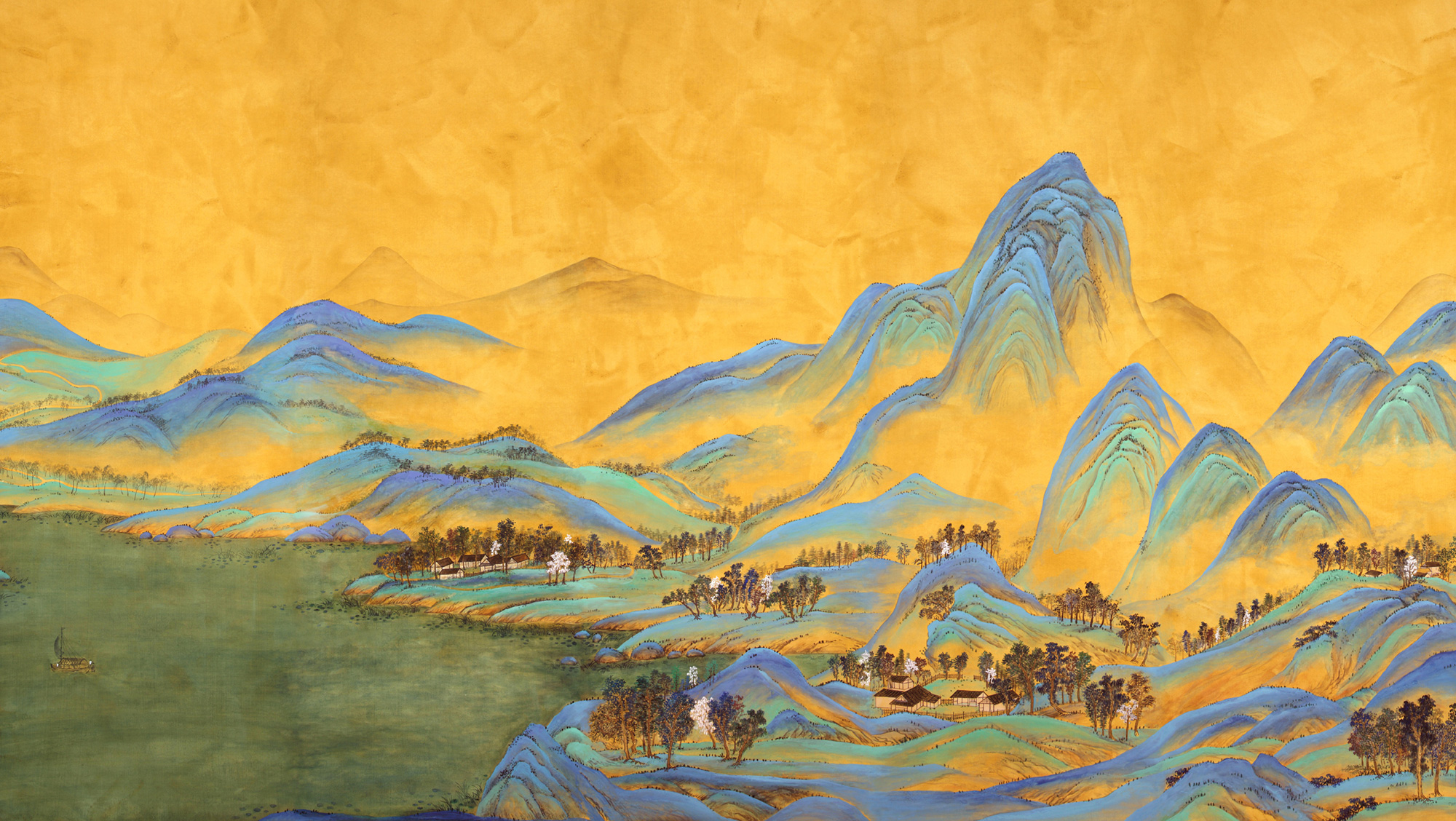 Обои ручная роспись A Thousand Li of Rivers and Mountains Original colourway on brown painted Xuan paper Обои ручная роспись A Thousand Li of Rivers and Mountains Original colourway on brown painted Xuan paper - постер Loft-Concept в Перми