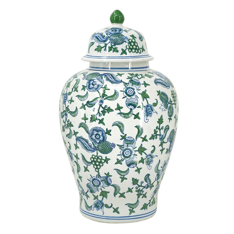 Ваза с крышкой и зелено-голубым цветочным узором на белом фоне Blue & White Ornament Белый Синий Ваза с крышкой и зелено-голубым цветочным узором на белом фоне Blue & White Ornament Белый Синий в Перми | Loft Concept