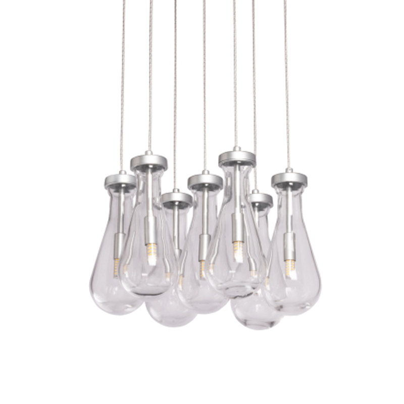 Люстра с 7-ю прозрачными плафонами из стекла в форме капли на круглом потолочном основании цвета хром Lucid Rain  Серебряный Прозрачный в Перми | Loft Concept 