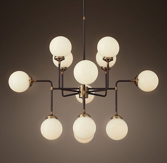 Люстра RH Bistro Globe Milk Glass 12-Light Chandelier Латунь Черный Белый в Перми | Loft Concept 