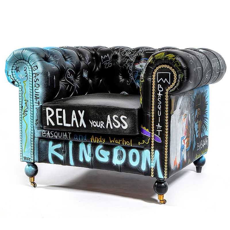 Кресло "Баския и Уорхол" Basquiat Warhol graffiti chair натуральная кожа Черный Мульти в Перми | Loft Concept 