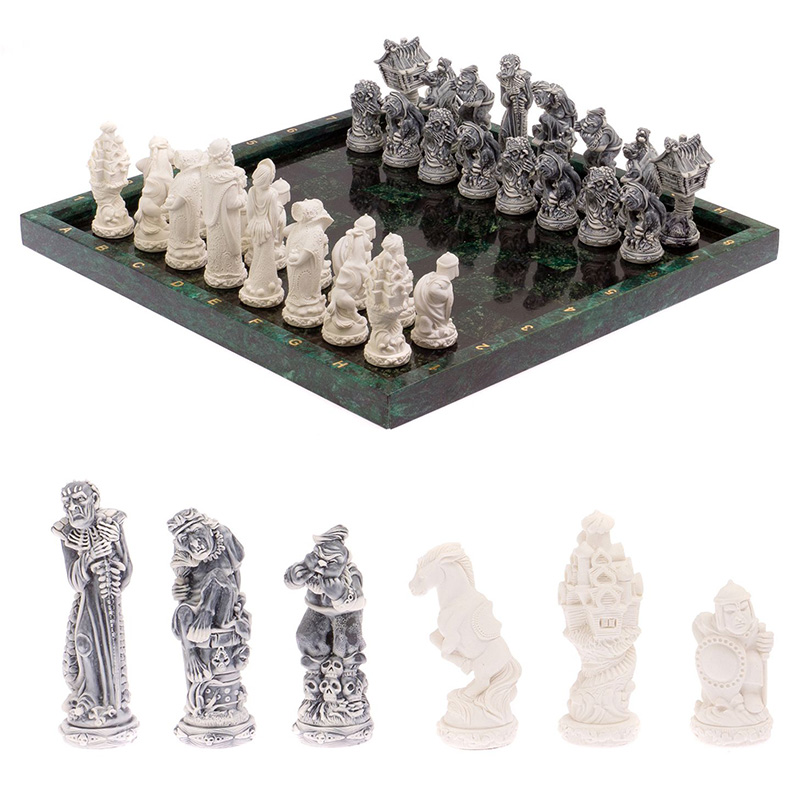 Шахматы Русские сказки с доской из натурального камня Змеевик Decorative Thematic Chess Зеленый Черный Серый Белый Шахматы Русские сказки с доской из натурального камня Змеевик Decorative Thematic Chess Зеленый Черный Серый Белый в Перми | Loft Concept