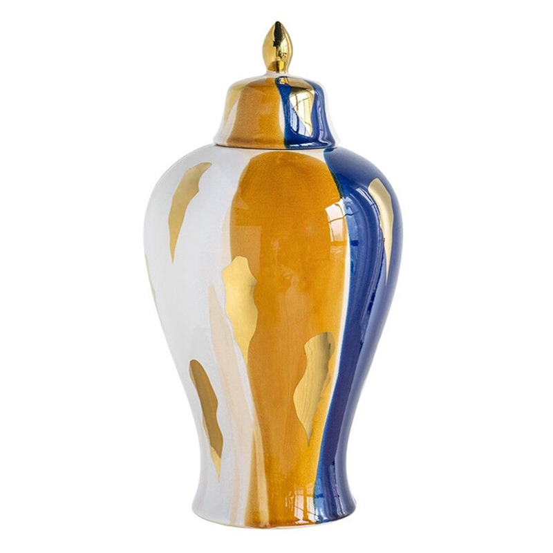 Ваза с крышкой и мазками синего и золого цвета на белом фоне Chinoiserie Ceramics Белый Оранжевый Золотой Синий Ваза с крышкой и мазками синего и золого цвета на белом фоне Chinoiserie Ceramics Белый Оранжевый Золотой Синий в Перми | Loft Concept