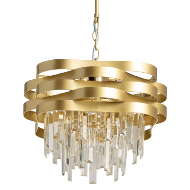 Люстра цвета матового золота с металлическими лентами и длинными прозрачными подвесками Gilded Waves Золотой Прозрачный в Перми | Loft Concept 