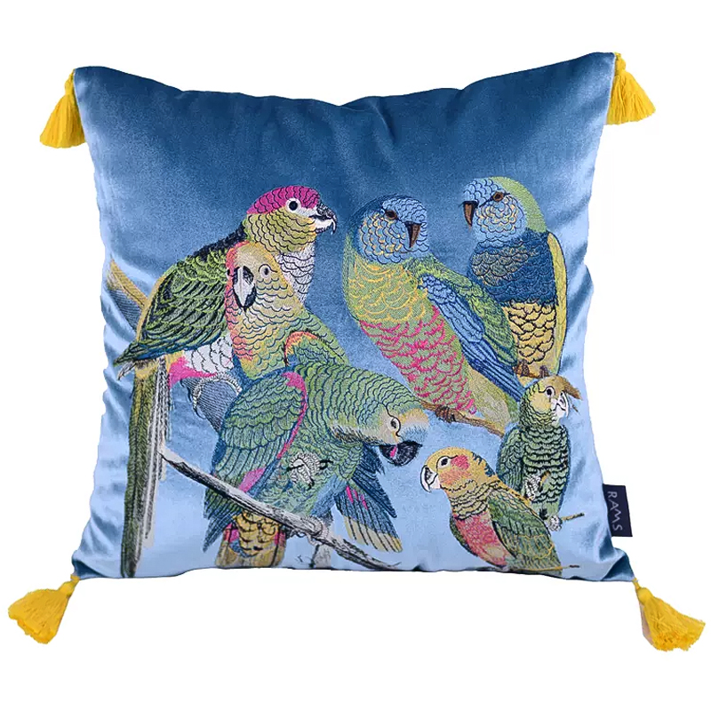 Декоративная подушка с вышивкой Embroidery Parrots Pillow Blue Голубой Мульти в Перми | Loft Concept 