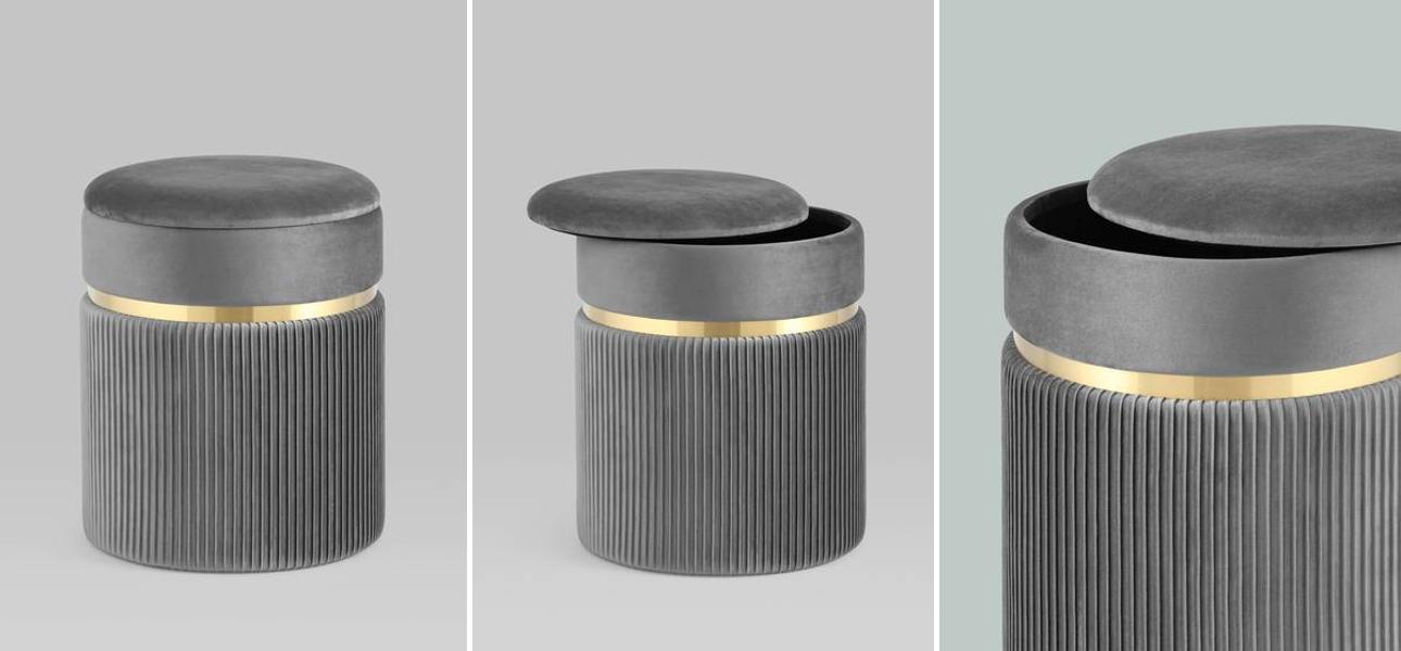 Пуф с ящиком серый Glossy Velor - фото