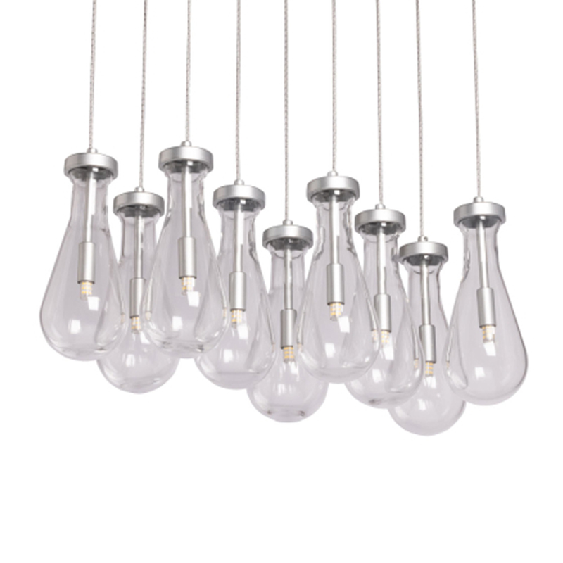 Люстра с 9-ю прозрачными плафонами из стекла в форме капли на прямоугольном потолочном основании цвета хром Lucid Rain  Серебряный Прозрачный в Перми | Loft Concept 