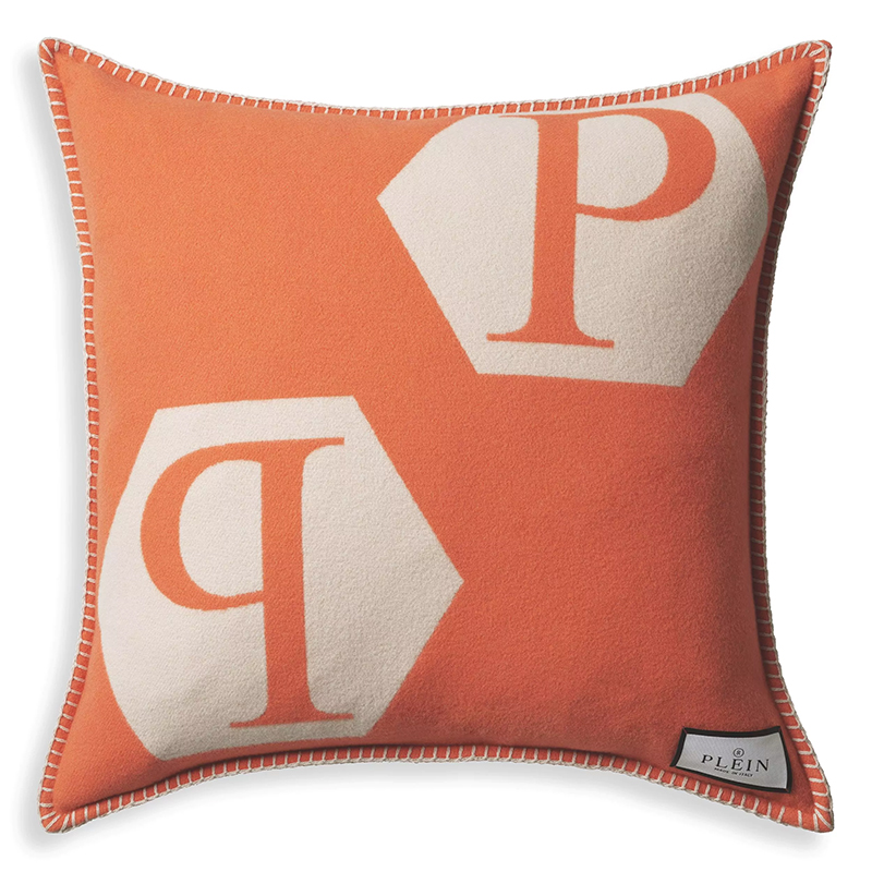 Подушка Philipp Plein Cushion Cashmere PP Logo 65 x 65 Orange Оранжевый Белый в Перми | Loft Concept 