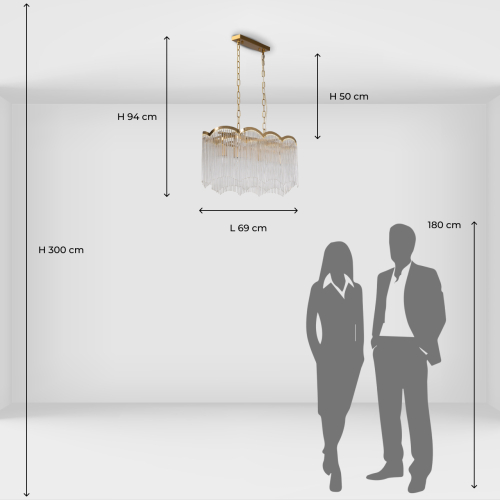 Люстра прямоугольная на цепях с прозрачными трубками и волнистым краем Nembus в Перми