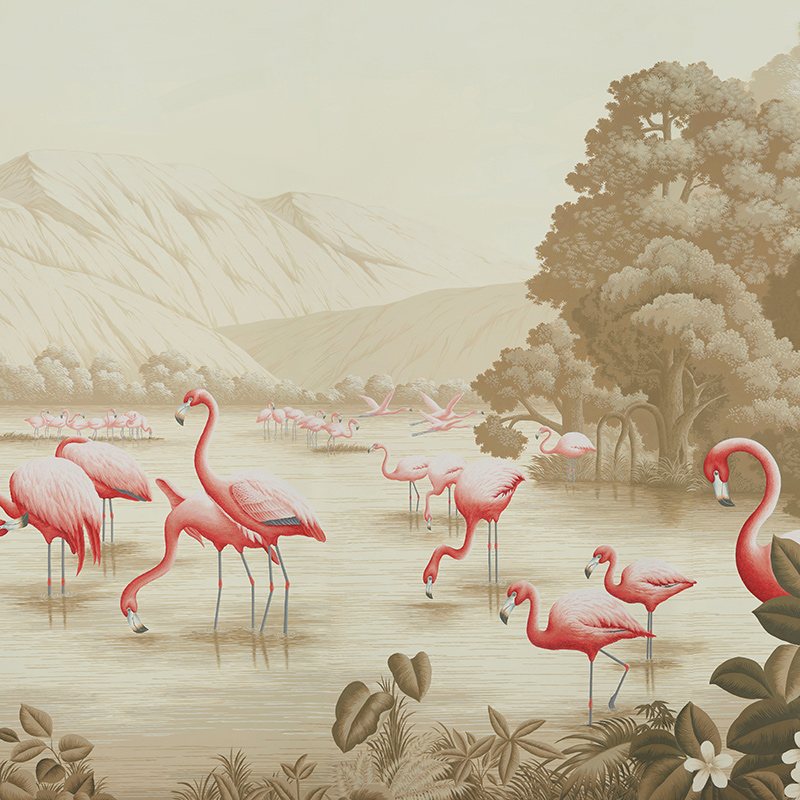 Обои ручная роспись Flamingos Flamingo on Sepia scenic paper  в Перми | Loft Concept 