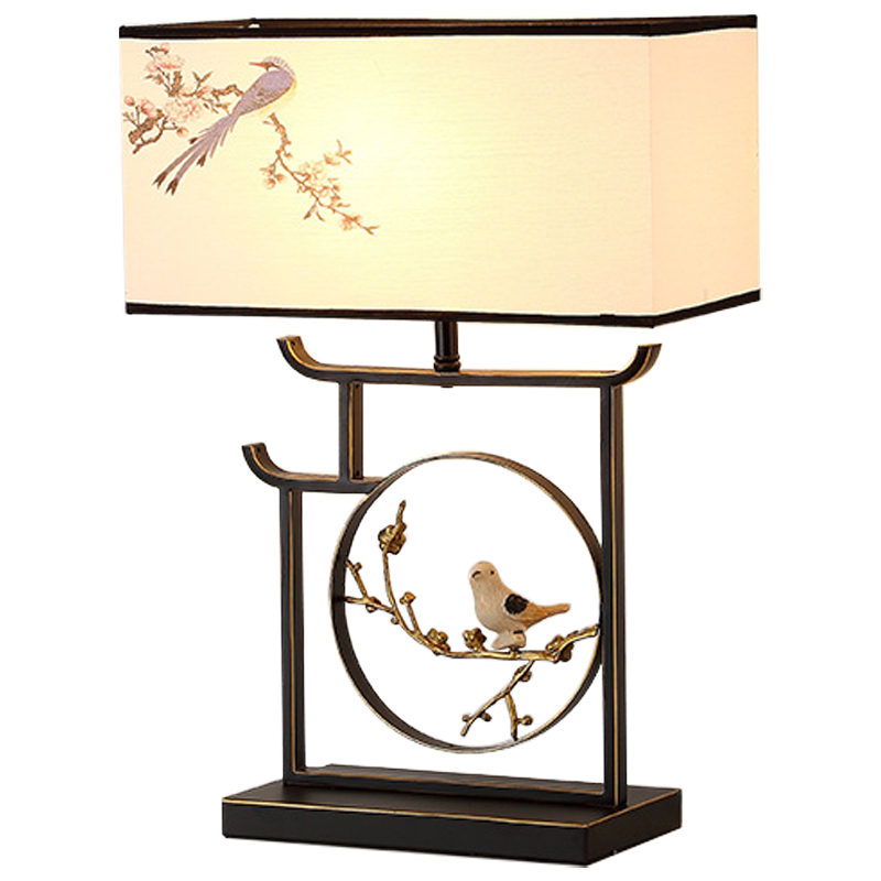 Настольная лампа с абажуром Bird Chinese Style Modern Table Lamp Черный Бежевый Золотой в Перми | Loft Concept 