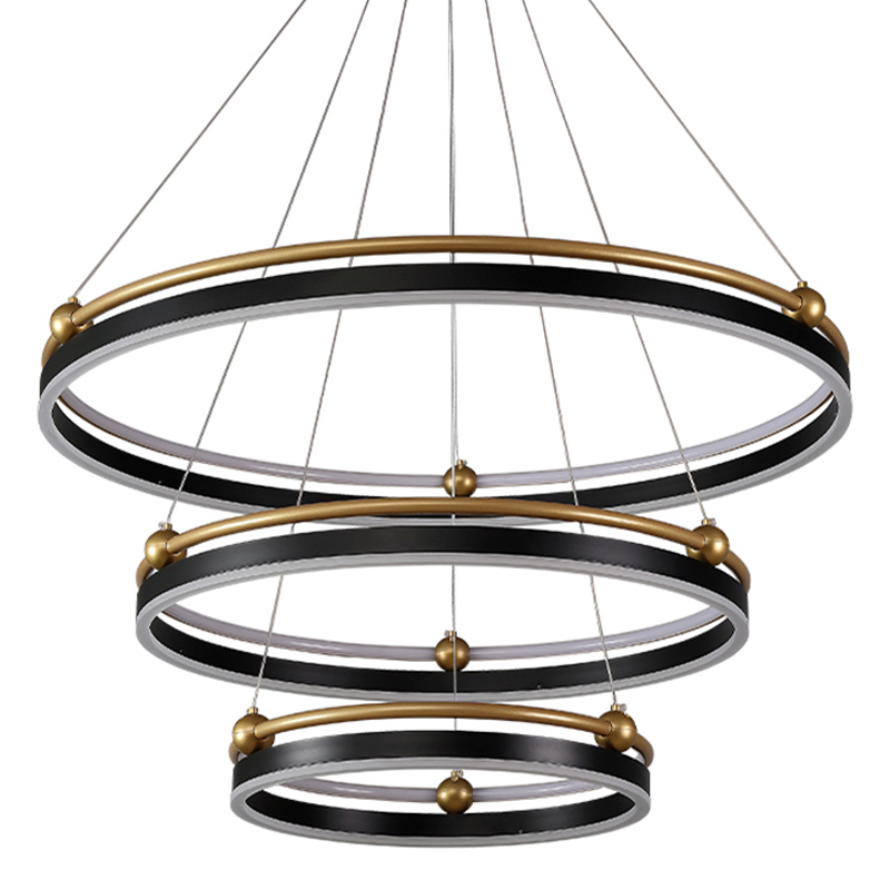 Люстра подвесная с тремя кольцами черного и золотого цвета Ring Horizontal Черный Белый Золотой Люстра подвесная с тремя кольцами черного и золотого цвета Ring Horizontal Черный Белый Золотой в Перми | Loft Concept