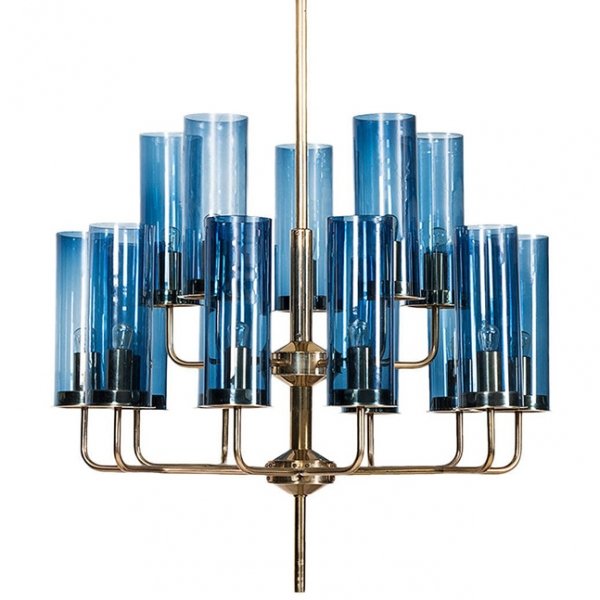 Люстра Hans-Agne Jakobsson Brass & Blue Glass Tube Chandelier Сапфир (Sapphire) Глянцевое золото в Перми | Loft Concept 