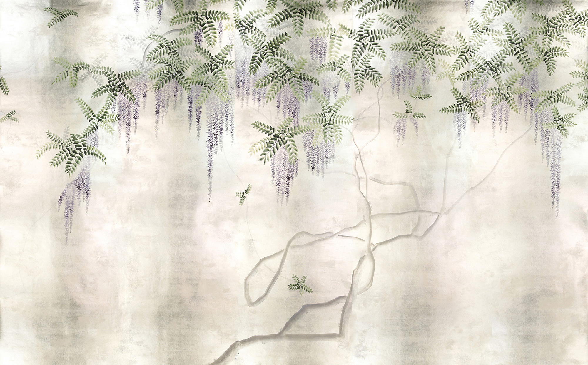 Обои в японском стиле Wisteria Lavender on White Metal gilded paper with pearlescent antiquing Обои в японском стиле Wisteria Lavender on White Metal gilded paper with pearlescent antiquing - постер Loft-Concept в Перми