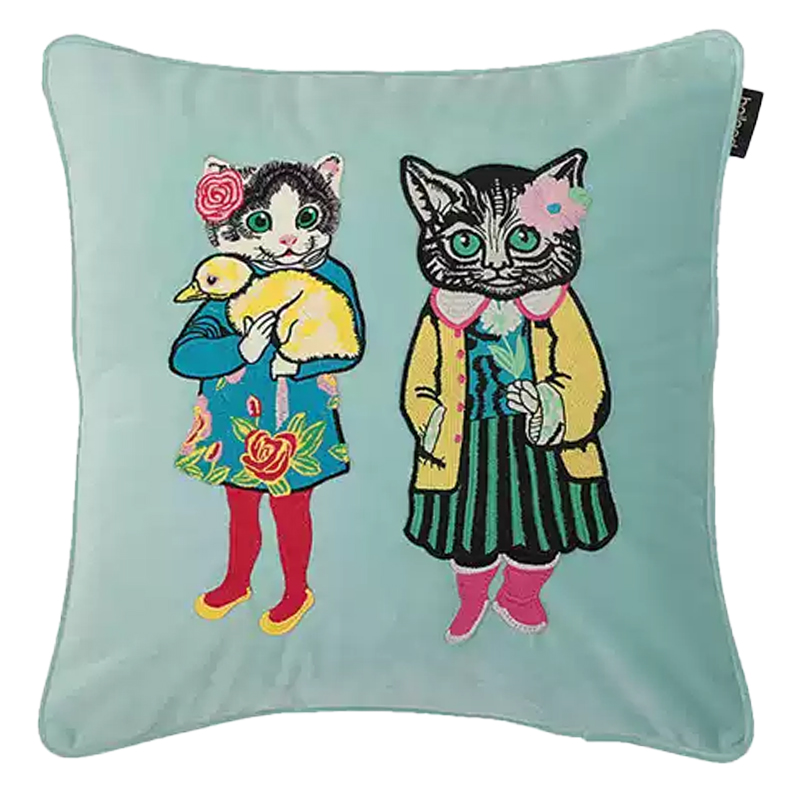 Декоративная подушка с вышивкой Стиль Gucci Two Kittens Cushion Mint Мульти Мятный в Перми | Loft Concept 