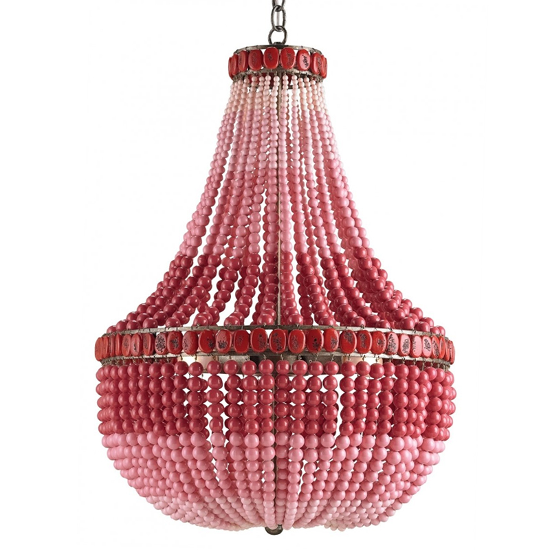 Люстра каплевидной формы украшенная круглыми бусинами Wooden Beads Chandelier Red Pink Красный Розовый Винтажная латунь Люстра каплевидной формы украшенная круглыми бусинами Wooden Beads Chandelier Red Pink Красный Розовый Винтажная латунь в Перми | Loft Concept