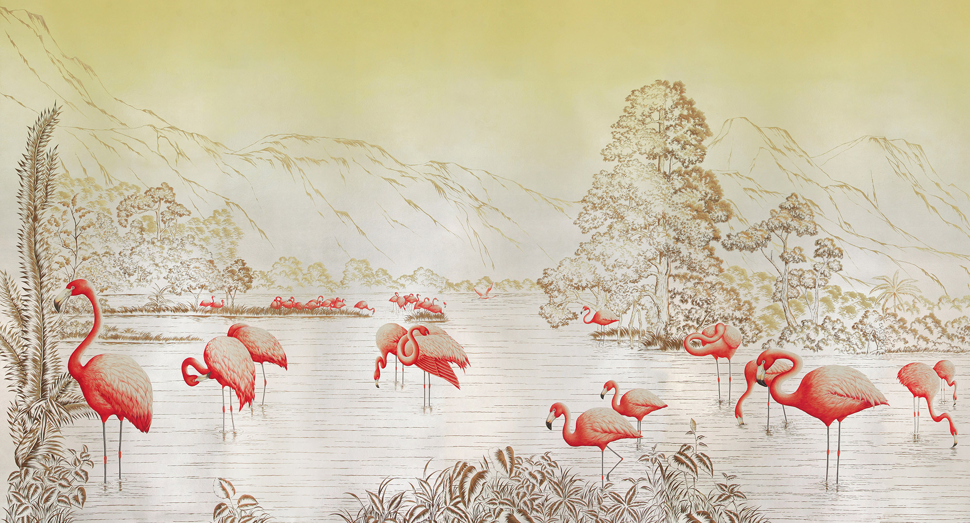 Обои ручная роспись Flamingos Colourway SC-120 on Sterling Silver gilded Xuan paper Обои ручная роспись Flamingos Colourway SC-120 on Sterling Silver gilded Xuan paper - постер Loft-Concept в Перми