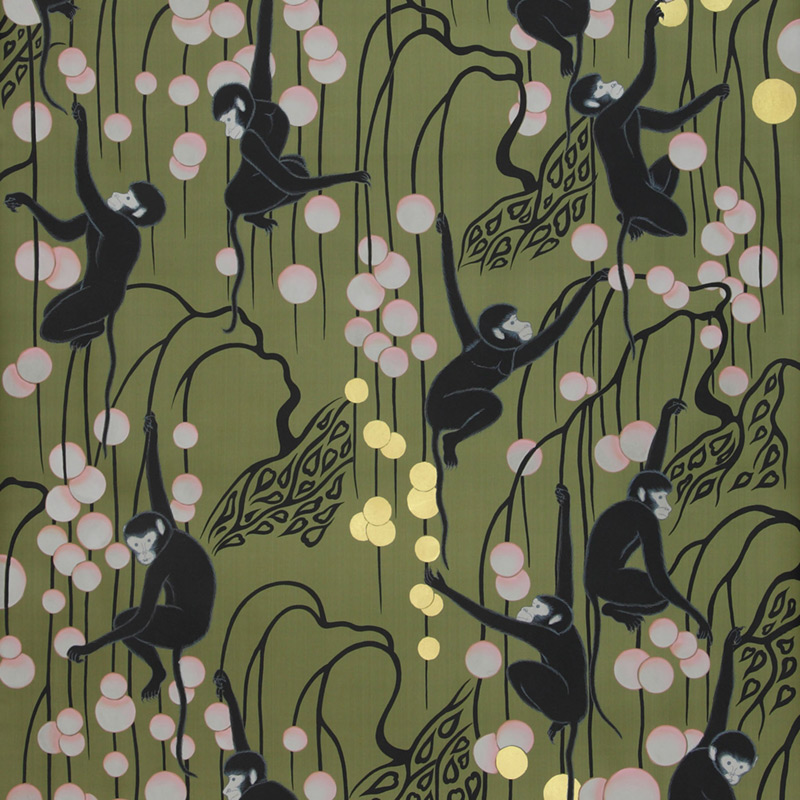 Обои ручная роспись Deco Monkeys Special Colourway on Olive dyed silk  в Перми | Loft Concept 