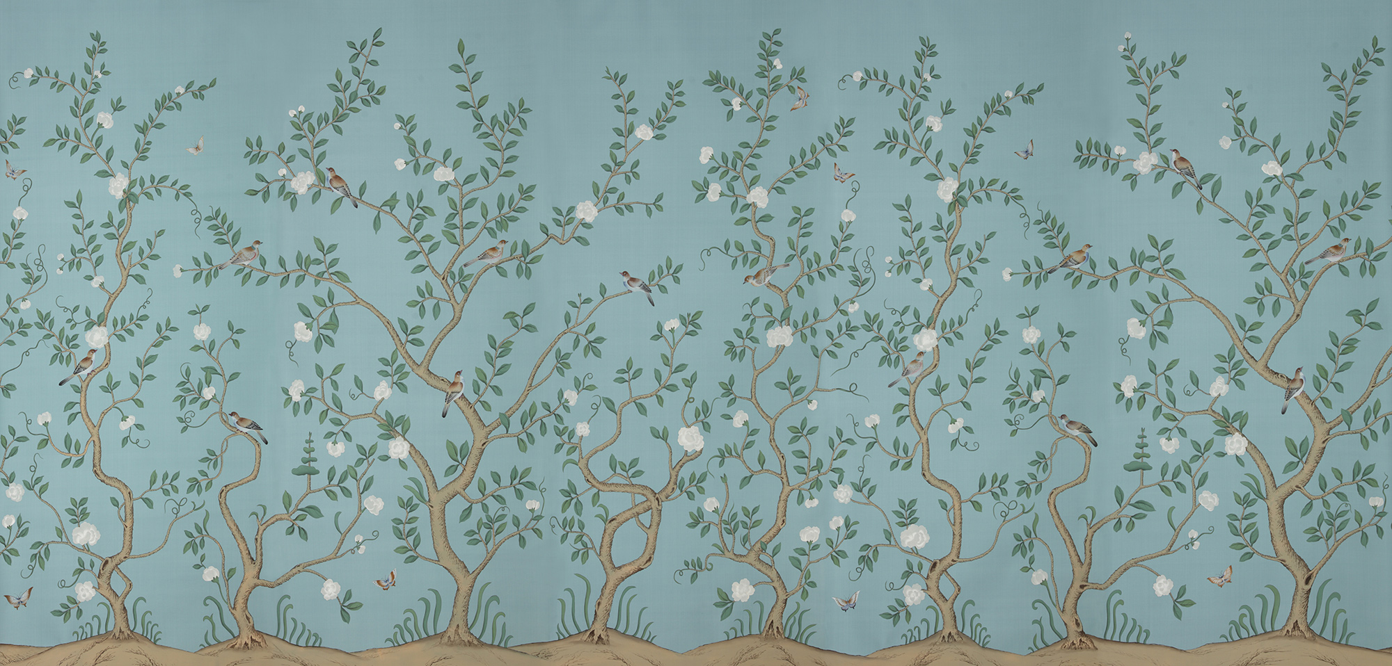 Обои ручная роспись Gustavian Garden Special Colourway on Duck Egg dyed silk Обои ручная роспись Gustavian Garden Special Colourway on Duck Egg dyed silk - постер Loft-Concept в Перми