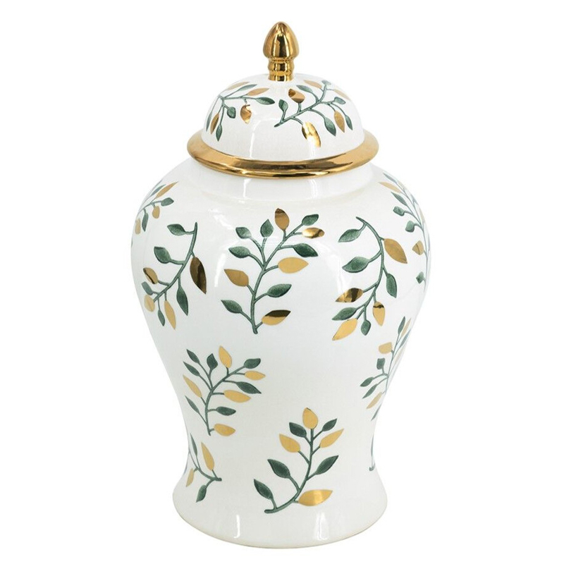 Ваза белая с крышкой с рисунком зеленых и золотых листьев 48 см Chinoiserie Ceramics Белый Зеленый Золотой Ваза белая с крышкой с рисунком зеленых и золотых листьев 48 см Chinoiserie Ceramics Белый Зеленый Золотой в Перми | Loft Concept