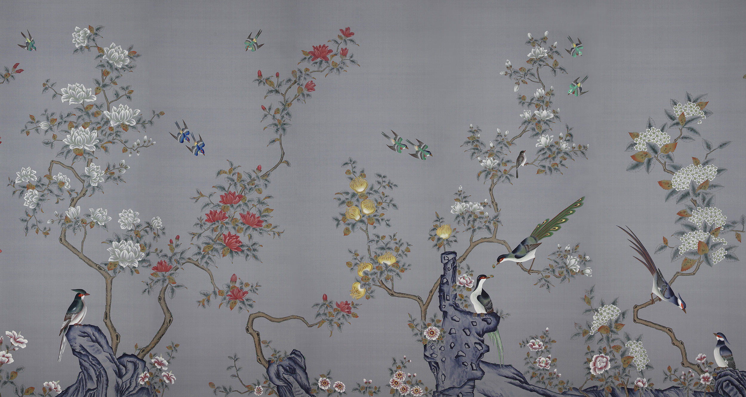 Обои ручная роспись Japanese Garden Original colourway on Gun Metal dyed silk Обои ручная роспись Japanese Garden Original colourway on Gun Metal dyed silk - постер Loft-Concept в Перми