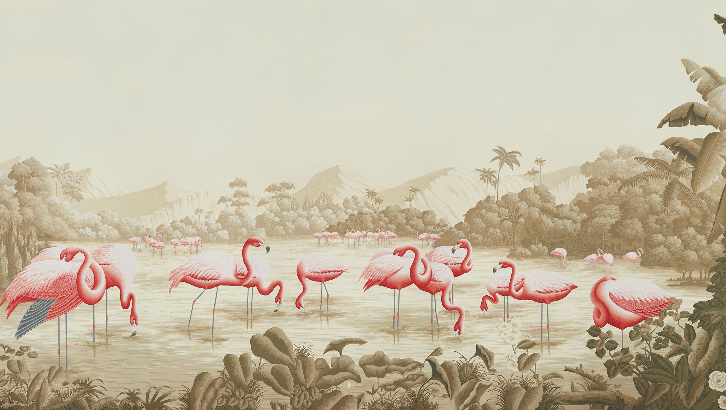 Обои ручная роспись Flamingos Flamingo on Sepia scenic paper Обои ручная роспись Flamingos Flamingo on Sepia scenic paper - постер Loft-Concept в Перми