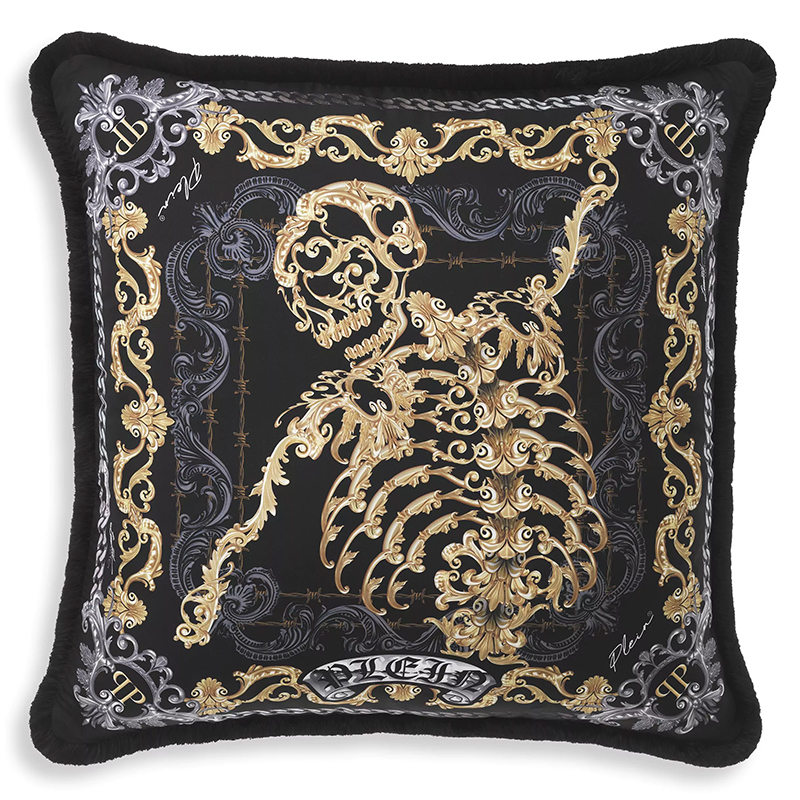 Подушка Philipp Plein Cushion Silk Skeleton 70 x 70 cm Черный Золотой Серый в Перми | Loft Concept 