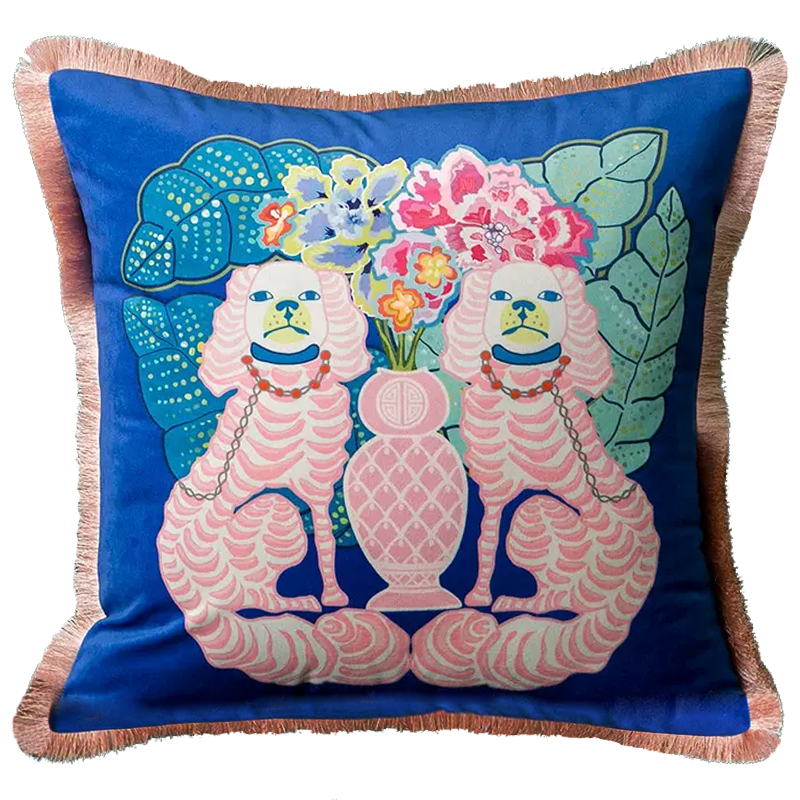 Декоративная подушка Two Pink Dogs on Blue Cushion Синий Розовый Мульти в Перми | Loft Concept 