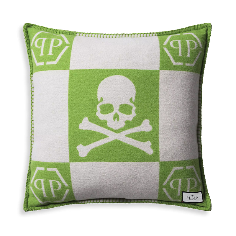 Подушка Philipp Plein Cushion Cashmere Skull 45 x 45 Green Зеленый Белый в Перми | Loft Concept 