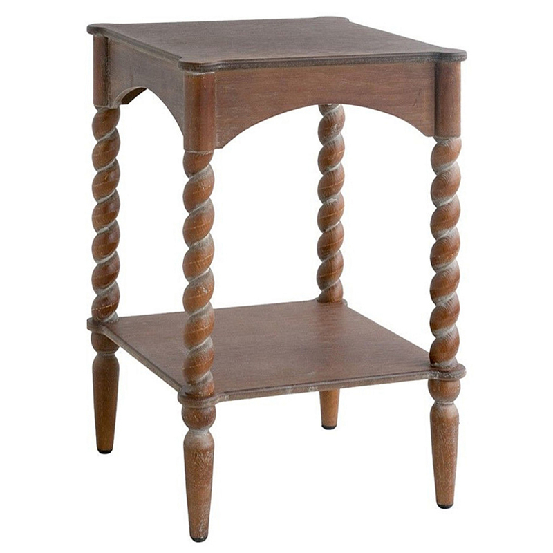 Приставной столик деревянный с резными ножками и нижней полкой Vintage Side Table Brown Wood Коричневый в Перми | Loft Concept 