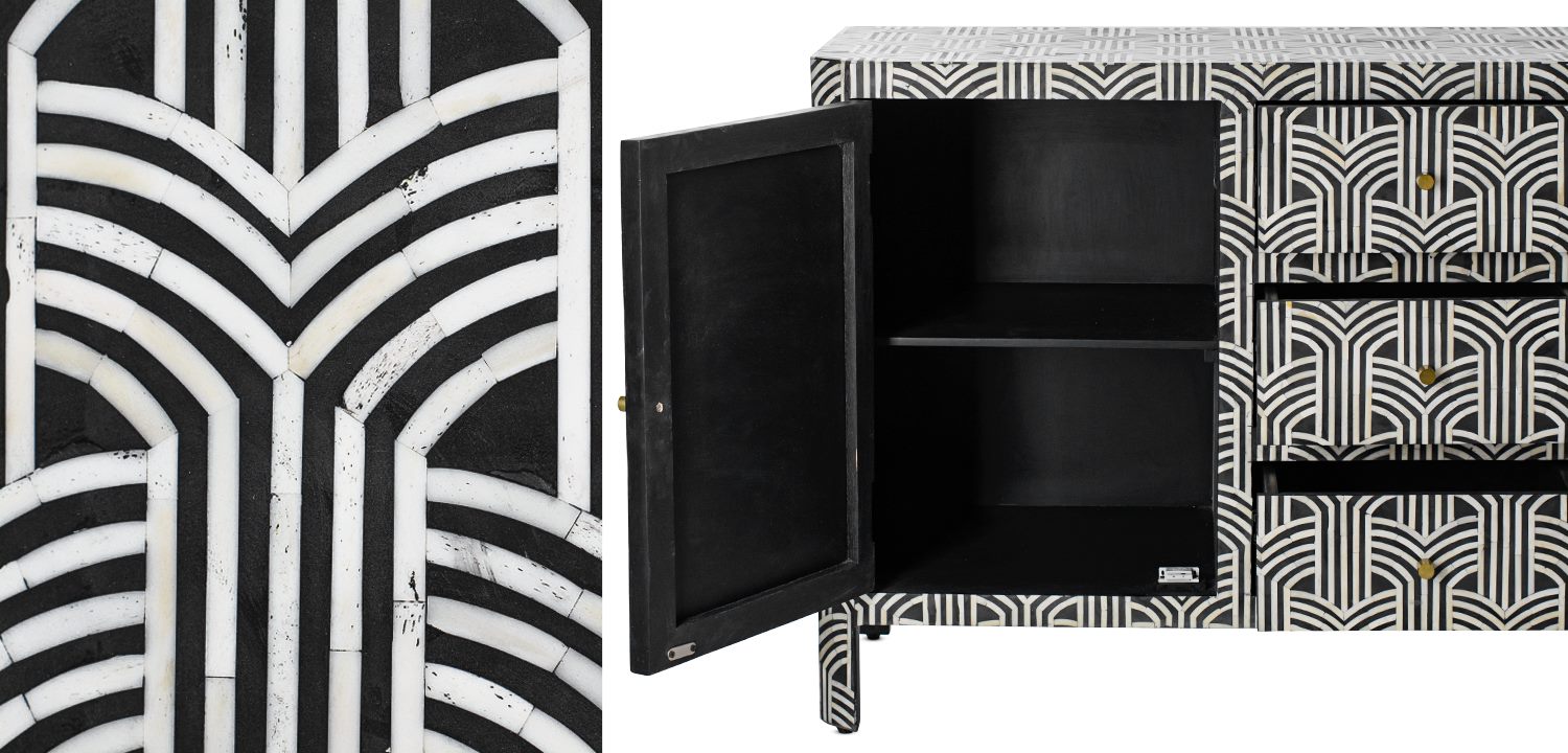 Комод с геометрическим рисунком инкрустация костью Antique Look Bone Inlay Buffet Table in Black Color - фото №2