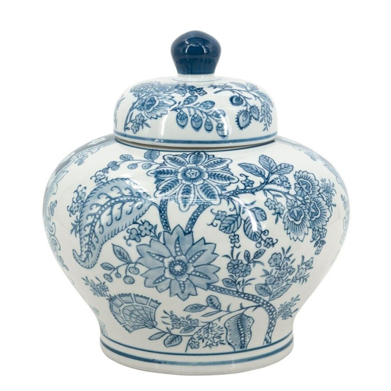 Ваза с крышкой и синим узором в виде цветов и листьев Blue & White Ornament Белый Синий Ваза с крышкой и синим узором в виде цветов и листьев Blue & White Ornament Белый Синий в Перми | Loft Concept