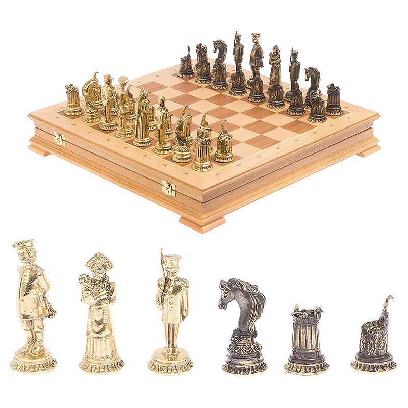 Шахматы из бронзы в ларце из натурального бука Decorative Thematic Chess  Бронза Золотой Коричневый в Перми | Loft Concept 