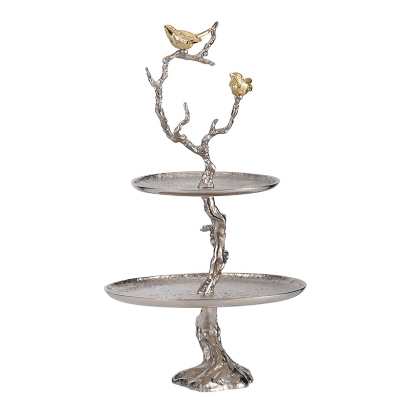 Блюдо двухъярусное Birds on Branches silver Сатиновое Серебро  Золотой в Перми | Loft Concept 