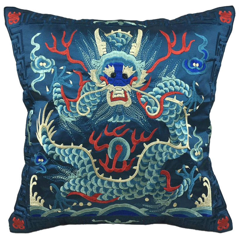 Декоративная подушка с вышивкой Chinese Dragon Blue Мульти Синий в Перми | Loft Concept 