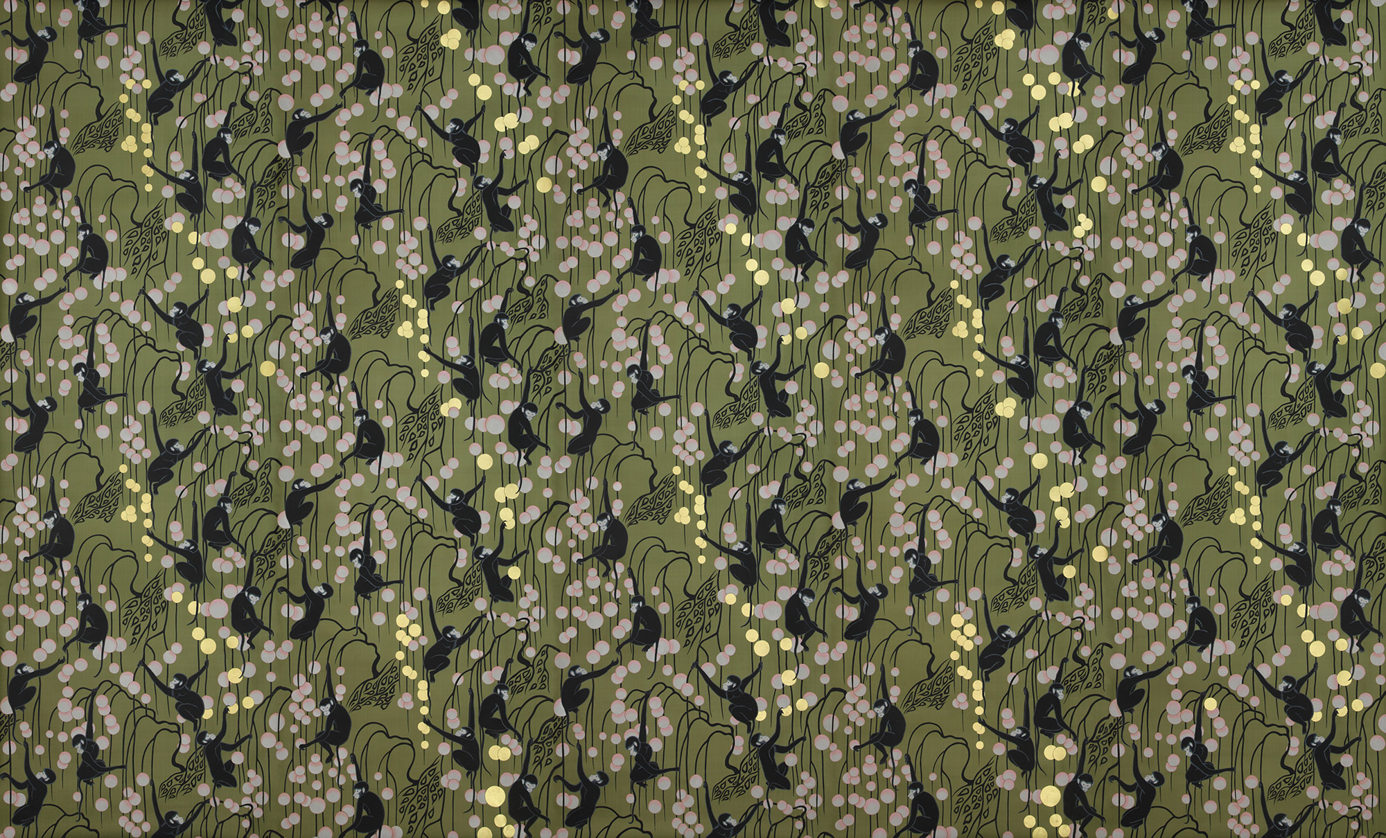 Обои ручная роспись Deco Monkeys Special Colourway on Olive dyed silk Обои ручная роспись Deco Monkeys Special Colourway on Olive dyed silk - постер Loft-Concept в Перми