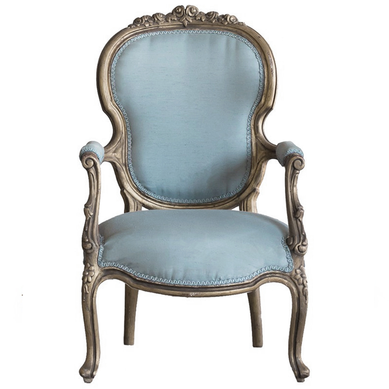 Кресло Arm Carved Chair  blue linen Голубой пастельный Темный дуб в Перми | Loft Concept 