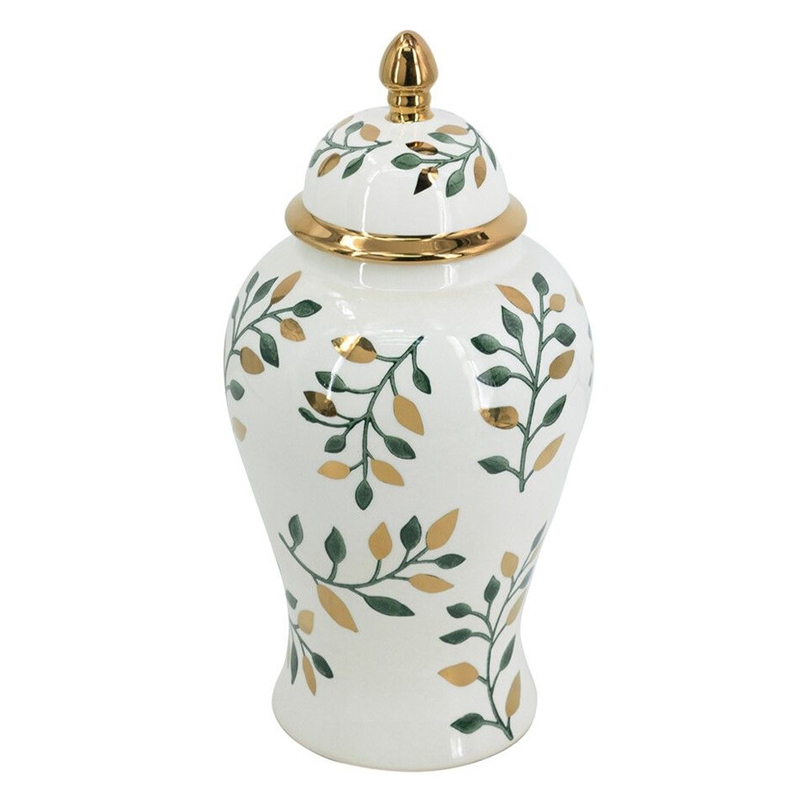 Ваза белая с крышкой с рисунком зеленых и золотых листьев 40 см Chinoiserie Ceramics Белый Зеленый Золотой Ваза белая с крышкой с рисунком зеленых и золотых листьев 40 см Chinoiserie Ceramics Белый Зеленый Золотой в Перми | Loft Concept