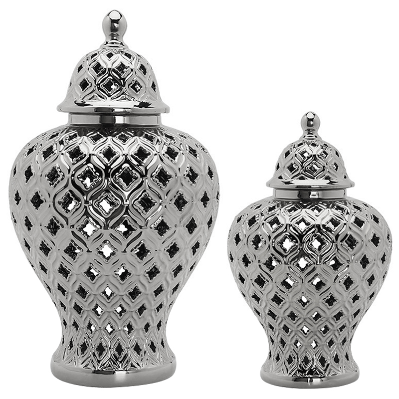 Ваза с крышкой Ceramic Silver Carving Vase Серебряный в Перми | Loft Concept 