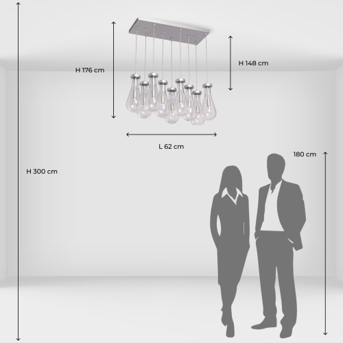 Люстра с 9-ю прозрачными плафонами из стекла в форме капли на прямоугольном потолочном основании цвета хром Lucid Rain  в Перми