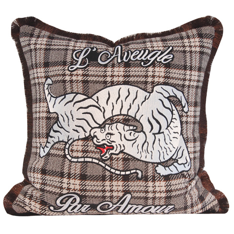 Декоративная подушка с вышивкой Стиль Gucci Plaid Print Tiger Cushion Коричневый Бежевый Красный в Перми | Loft Concept 