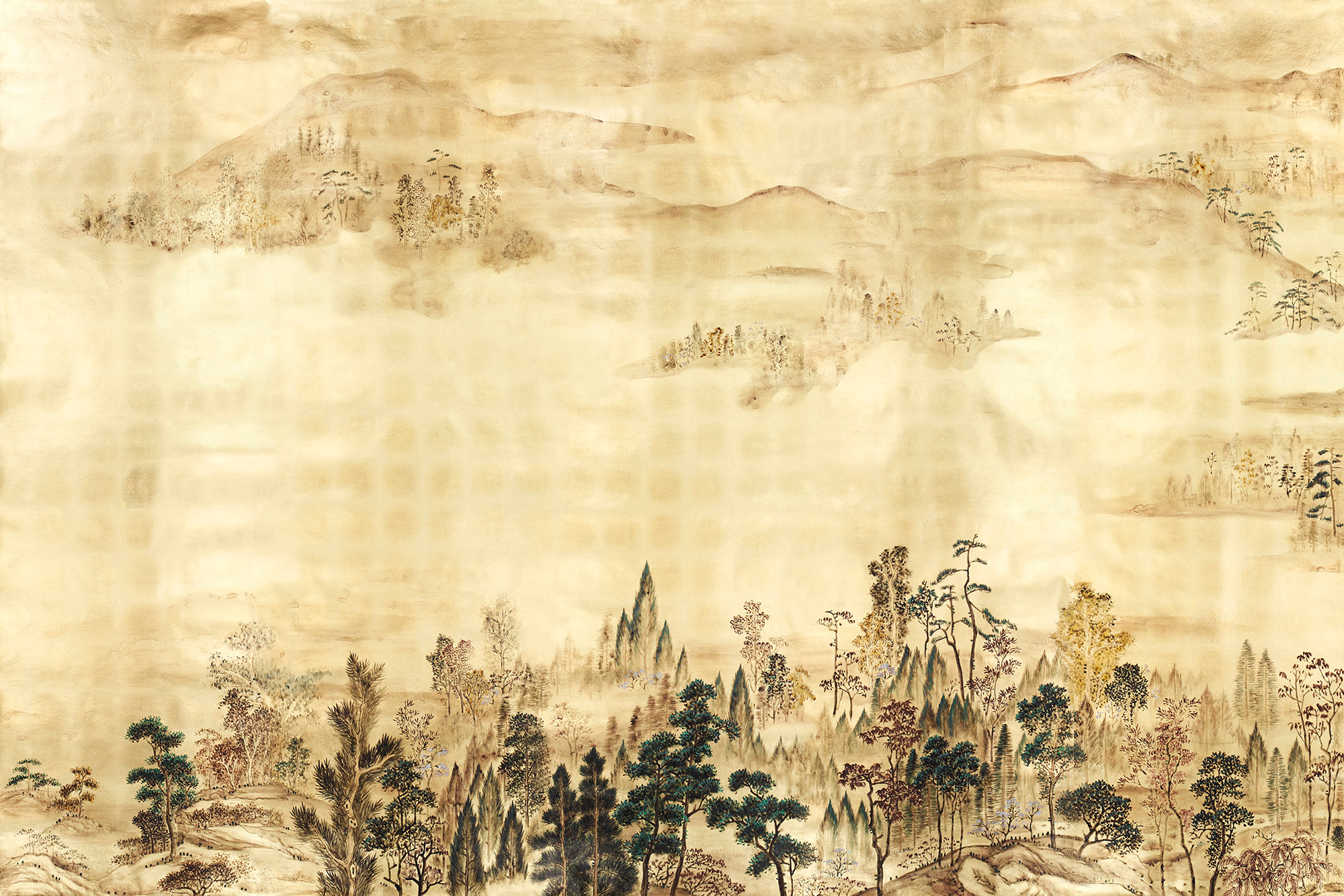 Обои ручная роспись Mountains Above Clouds Original colourway on Deep Rich Gold gilded paper Обои ручная роспись Mountains Above Clouds Original colourway on Deep Rich Gold gilded paper - постер Loft-Concept в Перми