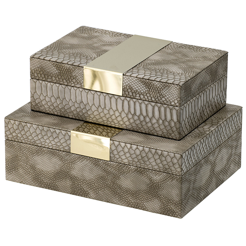 Комплект шкатулок Imitation Snakeskin Boxes Бежево-серый Глянцевое золото в Перми | Loft Concept 