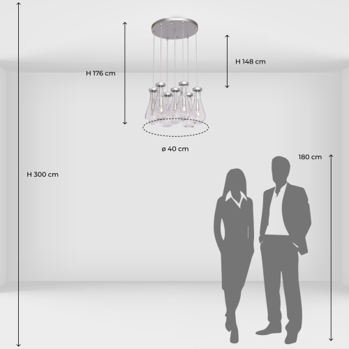 Люстра с 7-ю прозрачными плафонами из стекла в форме капли на круглом потолочном основании цвета хром Lucid Rain  в Перми