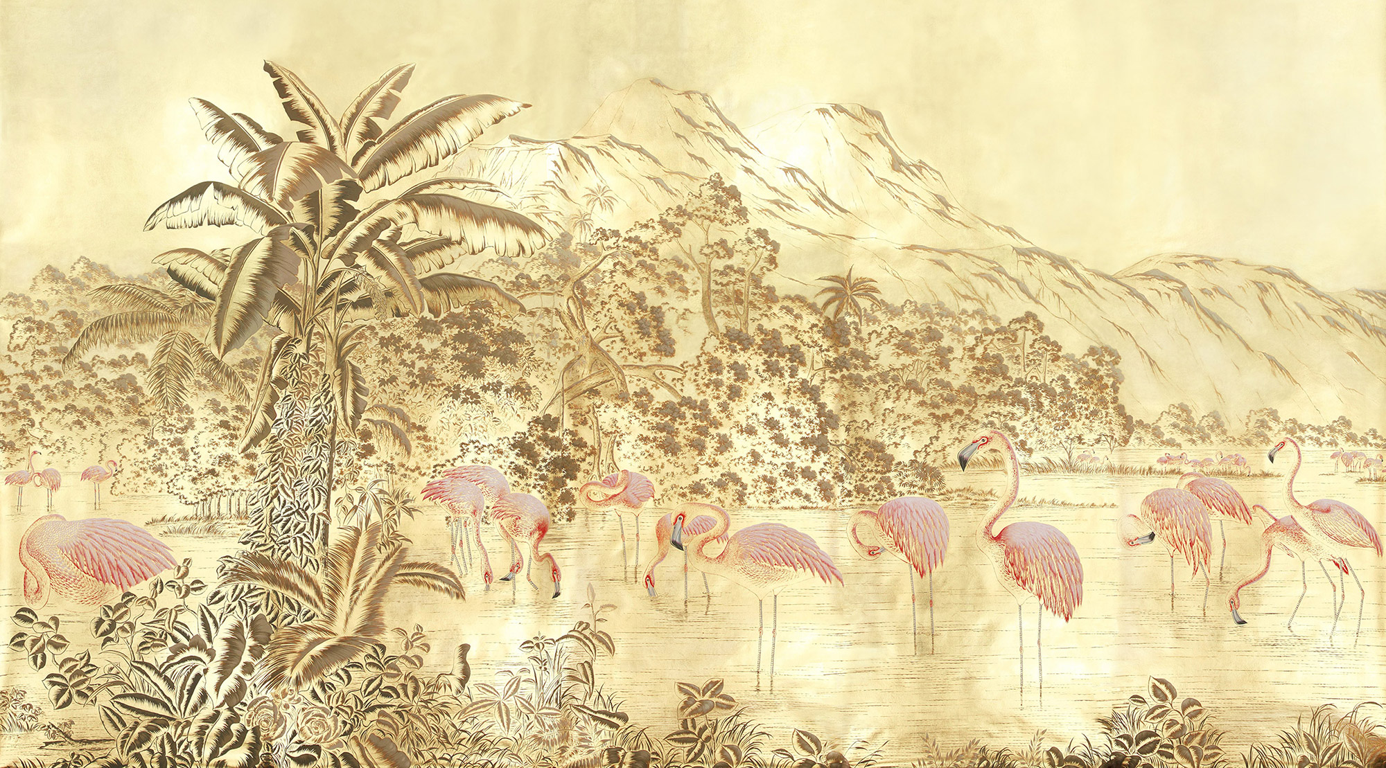 Обои ручная роспись Flamingos Flamingo on Deep Rich Gold gilded paper Обои ручная роспись Flamingos Flamingo on Deep Rich Gold gilded paper - постер Loft-Concept в Перми