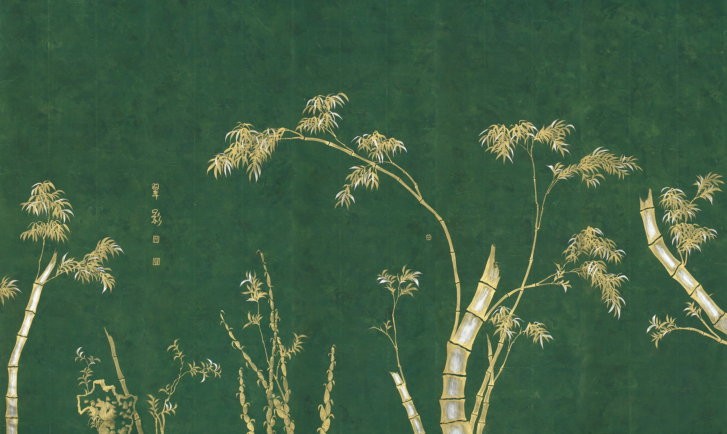 Обои ручная роспись Bamboo Golden on Edo Green India tea paper Обои ручная роспись Bamboo Golden on Edo Green India tea paper - постер Loft-Concept в Перми
