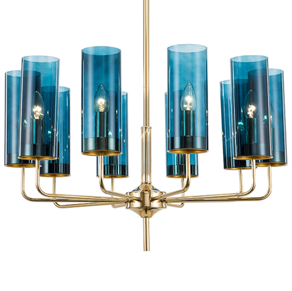 Люстра Hans-Agne Jakobsson Brass & Blue Glass Tube Chandelier 10 Глянцевое золото Сапфир (Sapphire) в Перми | Loft Concept 